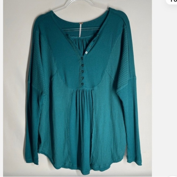 NWT Free People Leo Soft Waffle Ribbed Knit Teal Thermal Henley Shirt Size XL - Picture 5 of 8